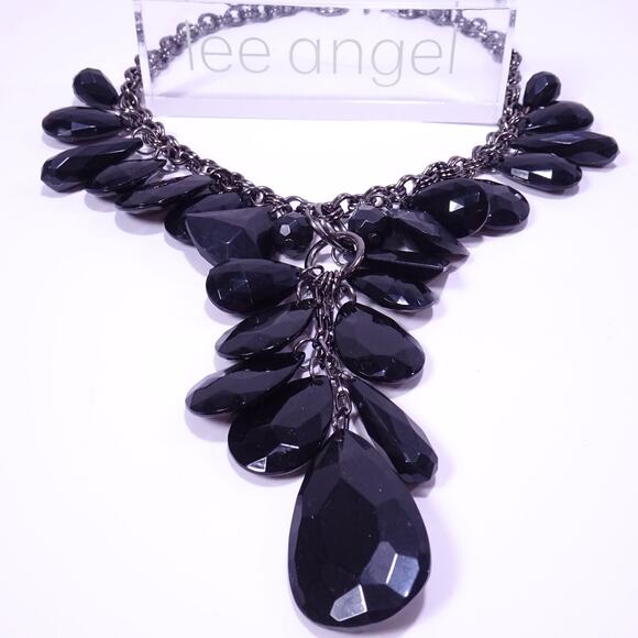 Lee Angel Neiman Marcus Black Resin Teardrop Y Statement Necklace NWT 298 - Picture 6 of 8